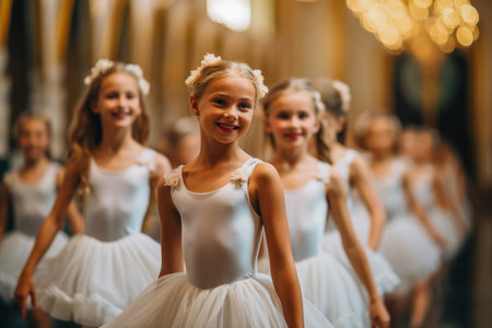 A classroom of aspiring young ballerinas gracefully dancing in unisonの素材