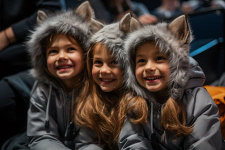 Young actors dressed in adorable costumes eagerly awaiting their cues backstageの素材