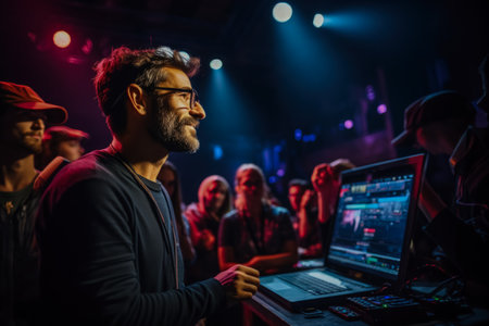 Stage manager communicating cues to the tech crew during a live performanceの素材