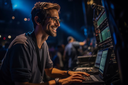 Stage manager communicating cues to the tech crew during a live performanceの素材
