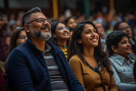 Parents proudly watching their children perform their faces filled with joy and admirationの素材