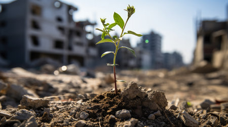 Astonishing resilience: Green sprouts emerging from the rubble-strewn streets of Gazaの素材