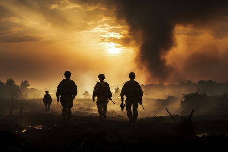 Silhouetted soldiers against war-torn landscapes under somber smoky skiesの素材