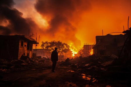 Fiery skies glare over smoldering ruins baring Gazas fiery conflict aftermathの素材