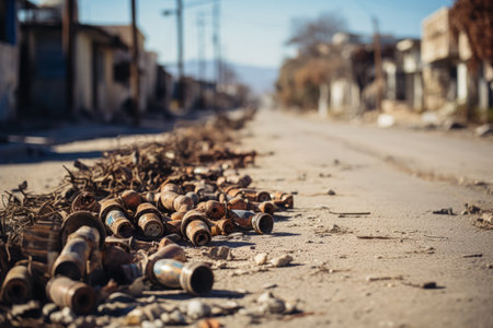 Discarded artillery shells amidst the tranquility of an abandoned Jericho streetの素材