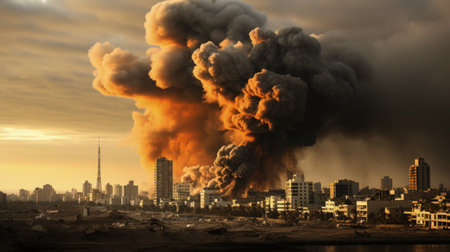 Smoke billows over barrier walls painting a haunting Gaza skylineの素材
