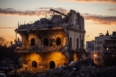 Dilapidated Jerusalem building awash in dawns light symbolic of hope and despairの素材