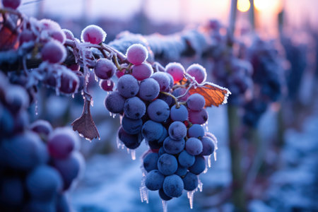Frost-kissed vines glisten during icy night wine harvestの素材