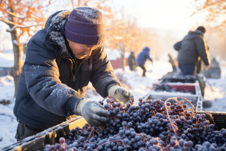 Braving extreme chill dedicated workers harvest grapes for ice wineの素材