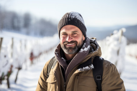 Portrait of an ice wine maker in snow-covered vineyard background with empty space for textの素材