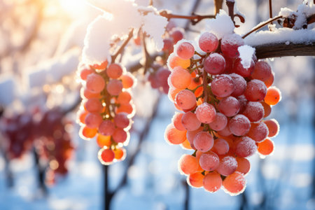Ice wine harvest frost-covered vines background with empty space for textの素材