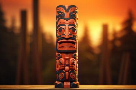A carved Native American totem isolated on a sunset gradient backgroundの素材