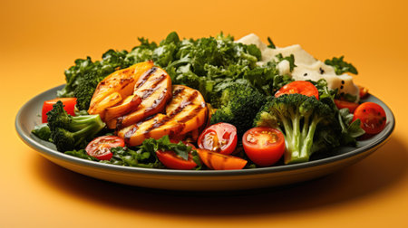 A nutritious diabetic-friendly meal with vegetables isolated on a gradient backgroundの素材