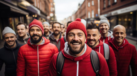 Large group of men participating in Movember charity walk in cityの素材