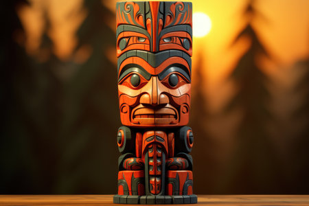 A carved Native American totem isolated on a sunset gradient backgroundの素材