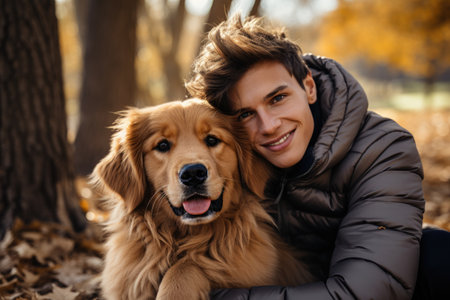 Smiling woman with epilepsy embracing her emotional support dog in parkの素材