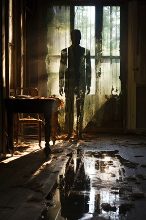 Horror scene with a silhouette of a man standing in a dark roomの素材
