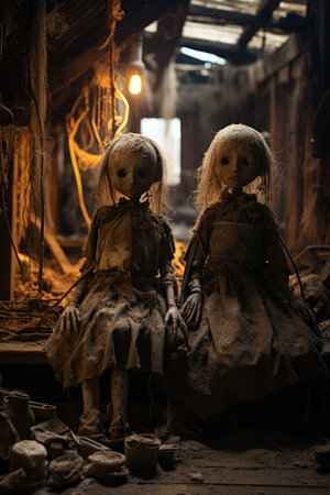 Halloween concept. Two scary dolls in the old abandoned house.の素材