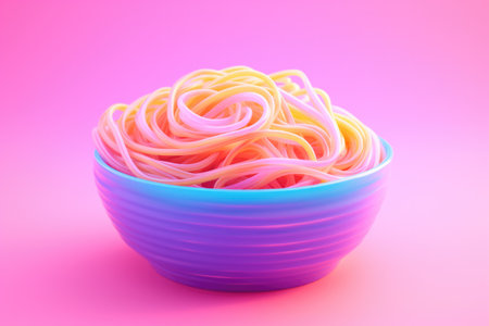 Bright color-changing noodles in bowl isolated on a pink gradient backgroundの素材
