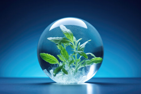 Flash frozen herb encapsulated in ice sphere isolated on a blue gradient backgroundの素材