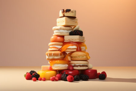 Deconstructed pastry dessert structure isolated on a pastel gradient backgroundの素材