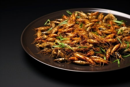 Exquisite edible insect dish presentation background with empty space for textの素材