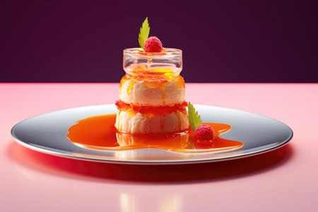 Molecular gastronomy dish artistically plated isolated on a vibrant gradient backgroundの素材