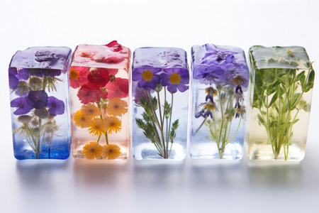 Edible flowers frozen in crystal-clear ice cubes isolated on a white backgroundの素材