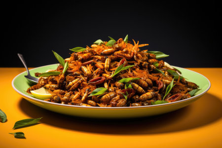 Edible insect dish presented elegantly isolated on a creative gradient backgroundの素材