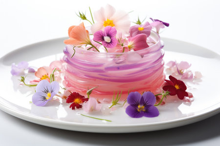 Exquisite edible flower garnishes on experimental cuisine isolated on a white backgroundの素材