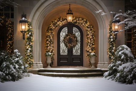 Elegant doors and windowsdecked out in Christmas holiday cheerの素材