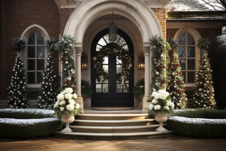 Elegant doors and windowsdecked out in Christmas holiday cheerの素材