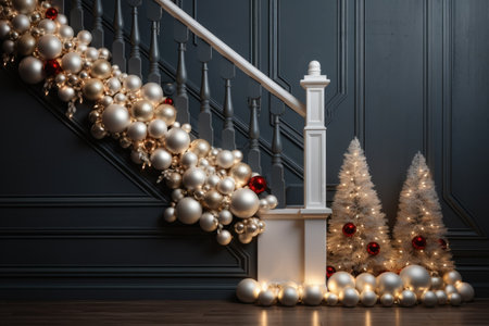 Striking indoor Christmas staircase decorations and lights background with empty space for textの素材