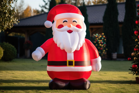 Inflatable Santa Claus in lit yard background with empty space for textの素材