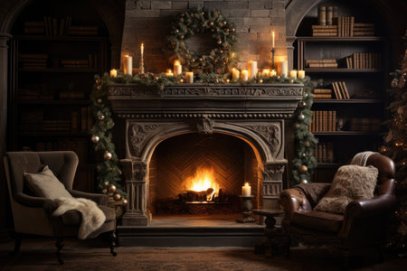 Cozy interior showcasing a roaring fireplace adorned with Christmas decorの素材