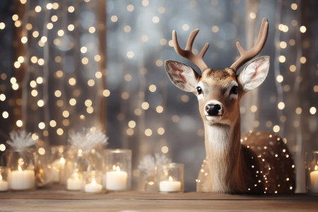 Magical window view of reindeer decor background with empty space for textの素材