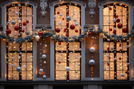 Stunning residential facade displaying whimsical patterns of festive Christmas lightsの素材