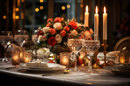 Lavish dining table setting illuminated by the soft glow of Christmas lightsの素材