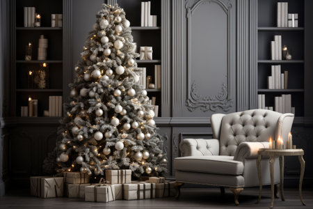 Majestic Christmas tree in cozy home interior background with empty space for textの素材