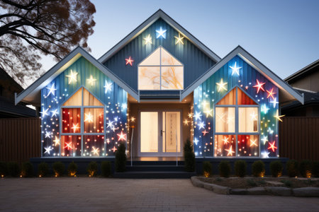 Stunning residential facade displaying whimsical patterns of festive Christmas lightsの素材