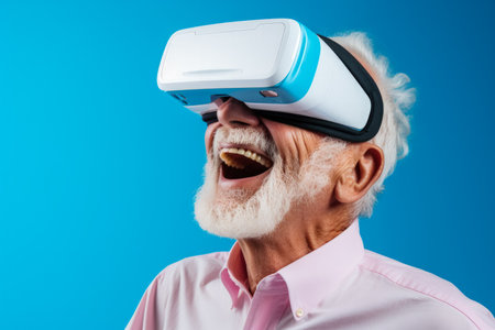 Elderly man exploring AR technology through glasses isolated on a gradient backgroundの素材