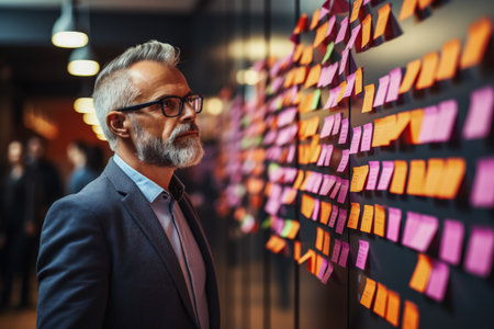 Elderly brainstorming in a tech startup background with empty space for textの素材