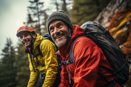 Adventurous seniors conquering mountain peaks in a thrilling rock-climbing expeditionの素材