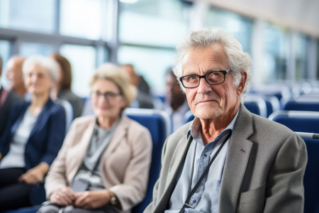Elderly brainstorming in a tech startup background with empty space for textの素材