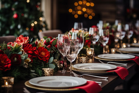 Christmas decorated table for dinnerの素材