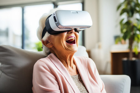 Seniors experiencing virtual reality headset background with empty space for textの素材
