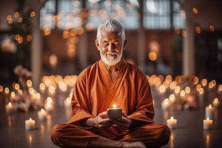 Seniors meditating via guided app session background with empty space for textの素材