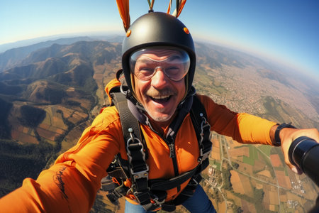 Seniors skydiving and enjoying extreme sports background with empty space for textの素材