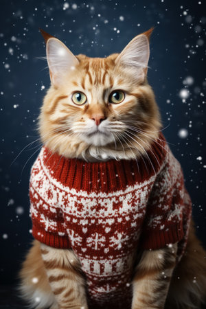 Christmas Maine Coon cat in holiday-themed sweater background with empty space for textの素材