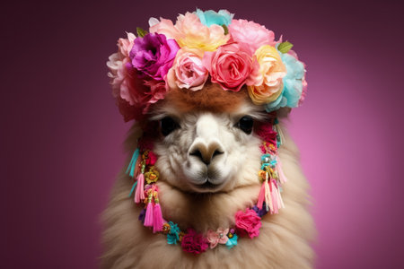 Christmas Alpaca decorated with holiday ornaments and wreath isolated on a gradient backgroundの素材